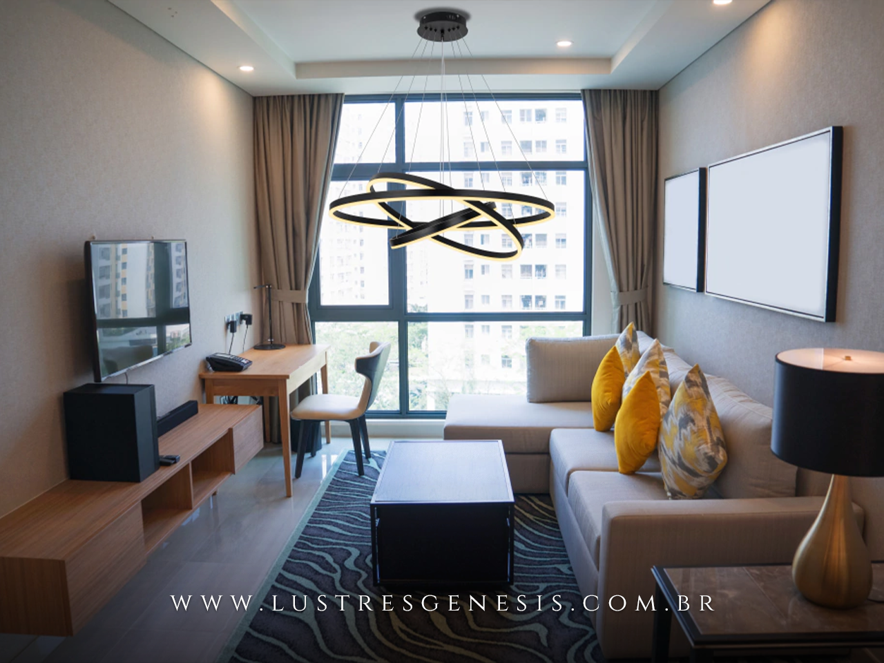 Lustre Pendente Aliance com 3 anéis em preto, ideal para sala de jantar e sala de estar. Lustres Gênesis loja online de Lustres e Iluminação Decorativa